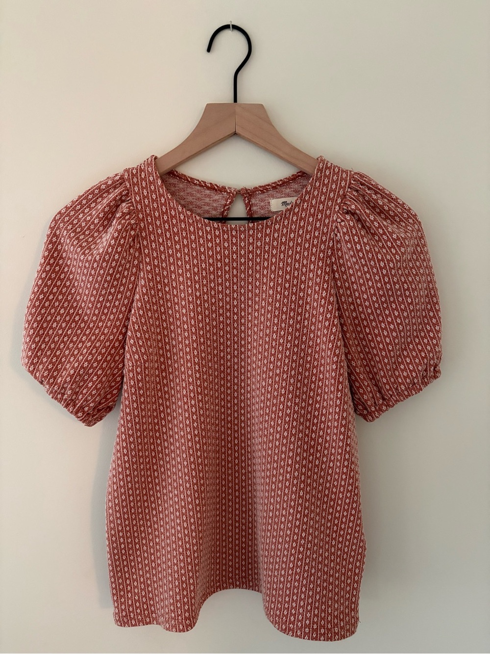 Madewell Peplum Sleeve Printed Blouse in Rust